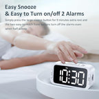 Digital Dual Alarm Clock for Bedroom, Easy to Set, 0-100% Dimmer, USB Charger, 5 Sound Adjustable Volume, Weekday/Weekend Mode, Snooze, 12/24Hr, Battery Backup, Compact Clock for Bedside(White)