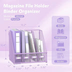 SUPEASY Magazine File Holder Desk Organizer, Metal Binder Holder with 4 Vertical Compartments for Office Home School, Purple