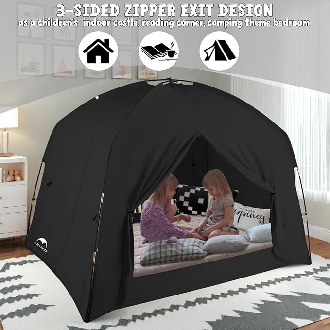 Bed Tents for Kids and Adult, Portable 100% Breathable and 93% Blackout Toddler Dream Play Tent, 3 Doors Big Privacy Space Sleeping Canopy for Floor or Twin Full Queen Sizes Bed (Black, Twin-Size)