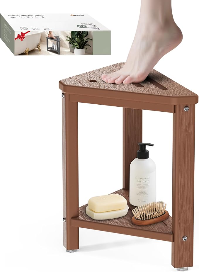 Teak Shower Foot Rest 15in, HDPE Waterproof Shower Stool for Inside Shower, Corner Shower Stool for Shaving Legs with Storage Shelf for Small Space, Shower Step Stool, Plastic Corner Shower Bench