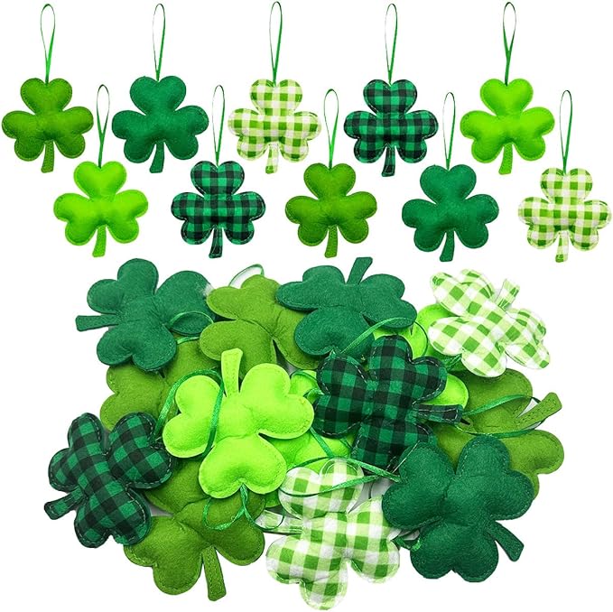 St Patrick's Day Felt Hanging Ornaments, 25Pcs Green Shamrocks Hanging Ornament Plaid Luck Clover Bauble Decoration for Saint Patrick's Party Supplies Tiered Tray Table Crafts Decor