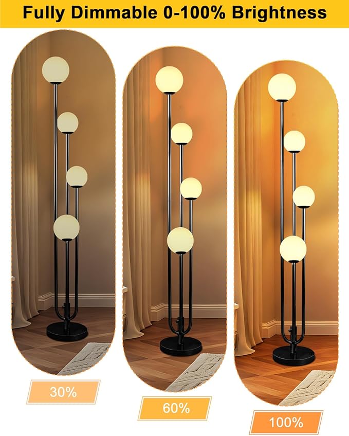 Lightdot Black Globe Floor Lamp 4-Lights Dimmable Floor Lamps with Tray 3000K Bulbs Included Unique Candle Mid Century Tall Standing Lamp for Living Room/Bedroom/Sofa Beside/Corner Decor