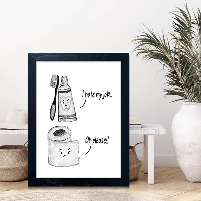 Kids Bathroom Decor Wall Art Black and White Bathroom Print Funny Toliet Paper and Toothbrush Picture Framed Artwork for Children's Washroom
