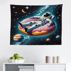 Ambesonne Funny Astronaut Tapestry, Spaceman Floating on a Donut Through the Galaxies Planets Moon, Fabric Wall Hanging Decor for Bedroom Living Room Dorm, 28" X 23", Petrol Blue Pink Orange
