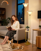 Dimmable Flower Floor Lamps with Table, 2-Lights Dimmable Floral Floor Lamp, 3000K Warmwhite Candle Holder Style Modern Floor Lamp, Rustic Gold Standing Lamp for Living Room Bedroom
