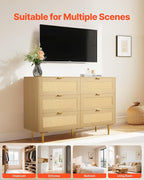 VEVOR Rattan Dresser 6 Drawer, 47.2'' Wide Boho Wood Dresser, Double Dresser Chest of Drawers with Golden Handles and Legs, TV Stand Dresser for Bedroom, Living Room, Entryway, Hallway, Natural Oak