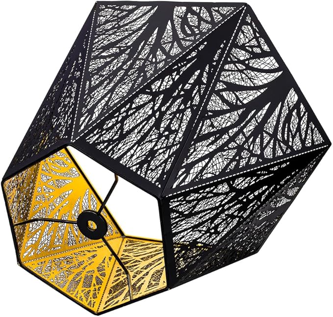 Medium Modern Style Lamp Shades with Multiple Sides, ALUCSET Metal Lampshade with Pattern of Trees for Table Lamp and Floor Light, 7 x 13.8 x 9.5 Inch, Spider (Black/Gold)