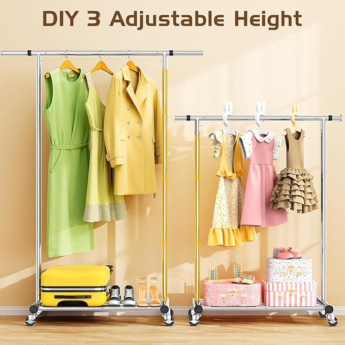 Clothes Rack for Hanging Clothes, 100% Stainless Steel Clothes Garment, Portable Sturdy Clothes Rack, Extendable Rolling Garment Rack with Wheels, Freestanding Laundry Room Bedroom Dress Shirt Jacket