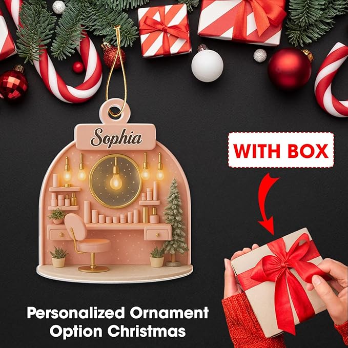 Personalized Pink Makeup Christmas Ornament 2025, Custom Acrylic Hanging Decoration, for Teen Girl, Beauty Artist Keepsake, Makeup Christmas Tree Ornament