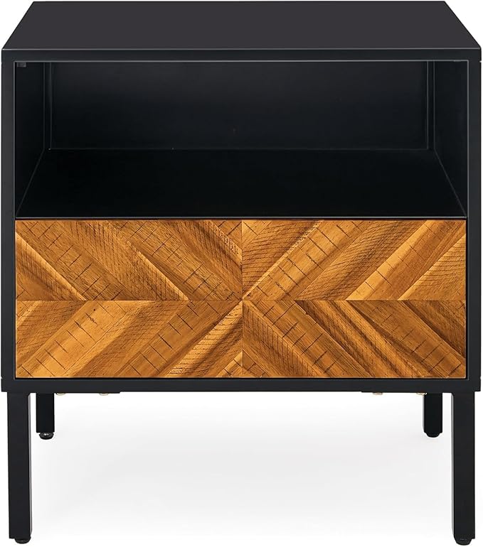 Bme Vivian Solid Wood Nightstand, End Table, Bedside Table with Herringbone Pattern for Rustic Bedroom, Easy Assembly, Rustic Golden Brown and Black