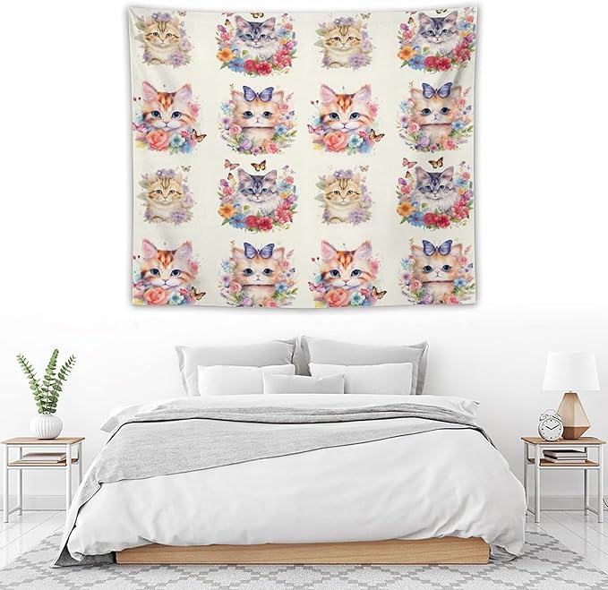 VUMIVI Watercolor Flower Cat Tapestry Colorful Cartoon Cute Animals Butterflies Abstract Art Print Tapestry Wall Hanging for Living Room Bedroom Dorm Classroom Aesthetic Decor W60xL50in