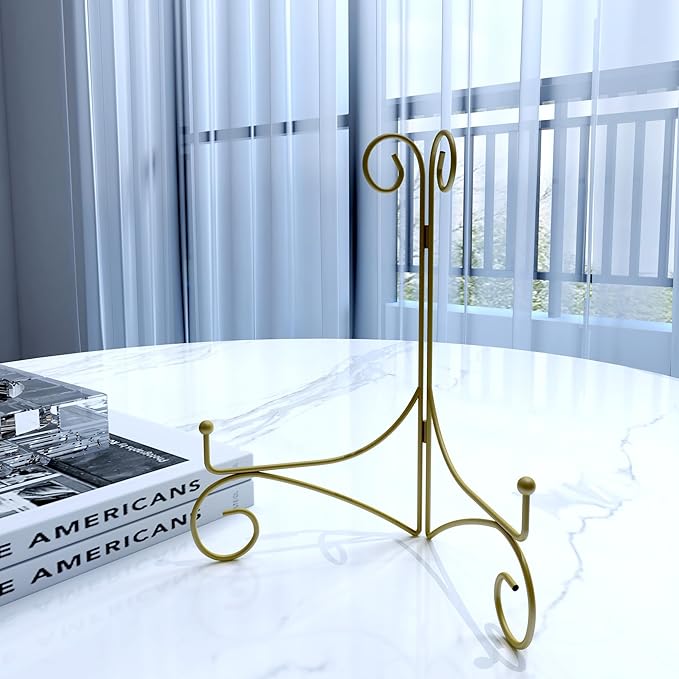 Iron Plate Stand for Display with Folding Design, Picture Stands for Tables, 12 Inch Large Easels for Displaying for Book, Art Piece, Photo and Platter, 12’’ Gold