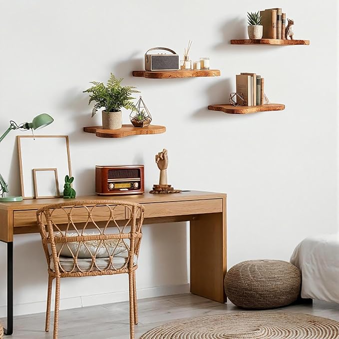 Pinkunn 4 Pcs Floating Shelves for Wall Wooden Live Edge Shelf Wall-Mounted Natural Solid Wood Bedroom Kitchen Storage Living Room Nursery Decor(4 Pcs,11.81/15.7 Inch)