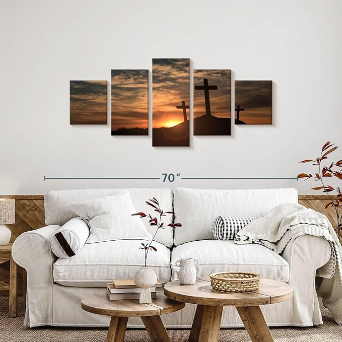 ElephantStock Cross Silhouettes Wall Art Multi Piece Canvas - 5 Panel Christian Pictures Decor - Digital Design Canvas Print - Christian Wall Decor - 55" X 24"