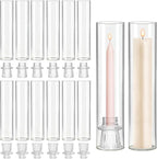 12 Set Glass Hurricane Candle Holders - 12" Tall Clear Glass Candlestick Holders for Taper Candles with Cylinder Chimney for Wedding, Party, and Home Table Centerpiece Decoration