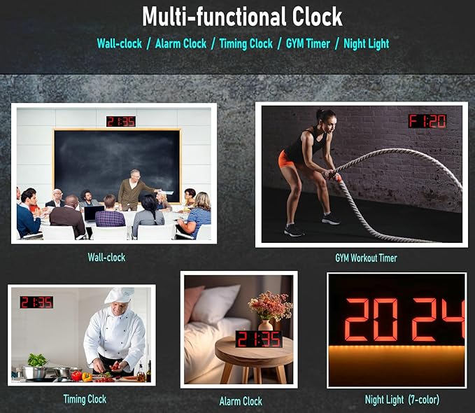 17.3'' Huge Digital Wall Clock, Home Gym Interval Workout Timers, with Countdown, Stopwatch, 7-Color Light, 8-Alarms, Calendar/Temperature Display, for HIIT/Tabata/FGB/EMOM (Red)