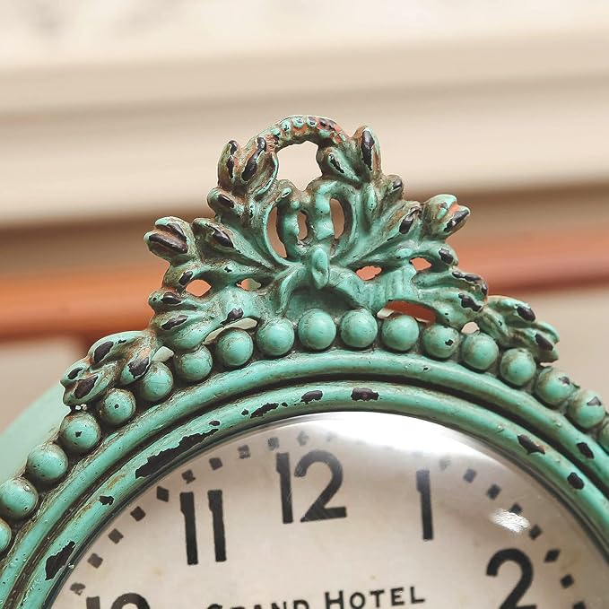 NIKKY HOME Antique Table Clock Silent Non-Ticking, Small Shelf Desk Top Clock Battery Operated Rustic Distressed Design, Shabby Chic Home Decor for Fireplace Mantel, Desktop, Countertop- Green