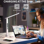 LED Desk Lamp with 10W QI Wireless Charging, Flexo Table Lamp with 3 Colors and 5 Brightness Levels with Charging Function,USB,Clock,Temperature,LCD,Date,Touch Control. (White)