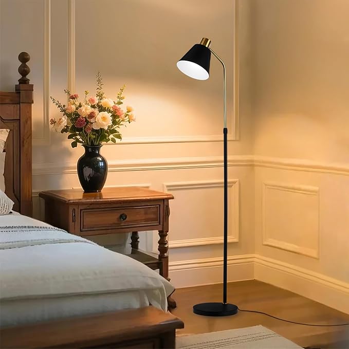 Black Gold Modern Reading Lamps Floor Standing, 12W Dimmable LED Vintage Floor Lamps for Bedroom, Adjustable Heights Antique Industrial Tall Floor Lamp, for Reading Lash Home Corner Living Room