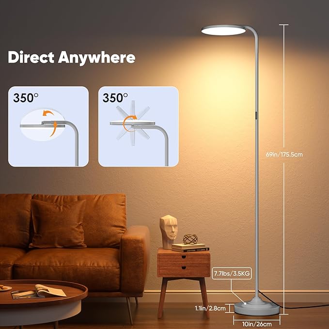 36W LED Floor Lamp, Super Bright Standing Lamp, Modern Stepless Dimmable Torchiere Tall Lamp with Remote Control, 350°Rotating Head Reading Floor Lamp for Living Room, Bedroom - Silvery Grey