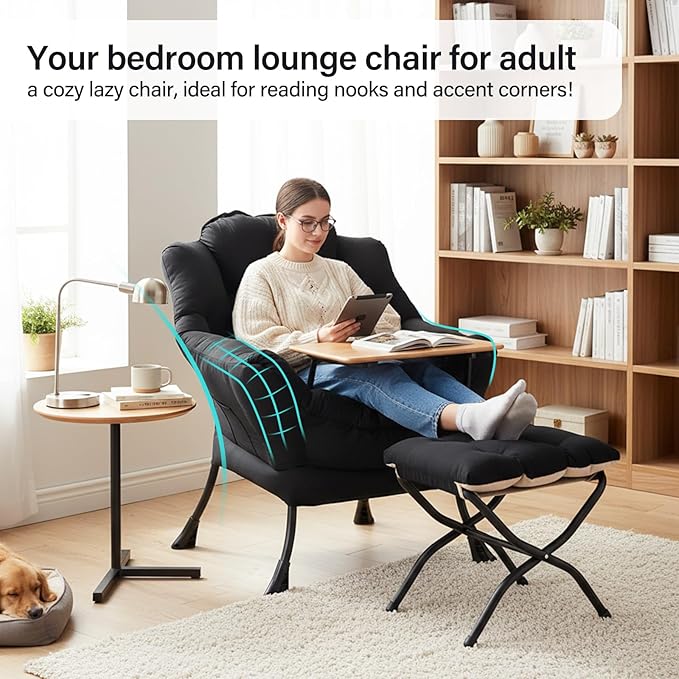 Lazy Chair with Ottoman, Modern Accent Chair with Lumbar Pillow, Velvet Black Sofa, Lounge Chairs with Folding Footrest, Oversized Supportive Chairs for Bedroom, Reading