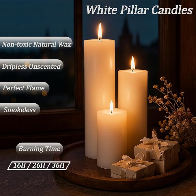 36 Pcs White Pillar Candles Bulk Set，Hurricane Candles，3 Different Lengths 2 x 3/4/6 Inch (12 Each)，Dripless Unscented Smokeless，Gives You a Better Atmosphere When Organizing an Event Party.