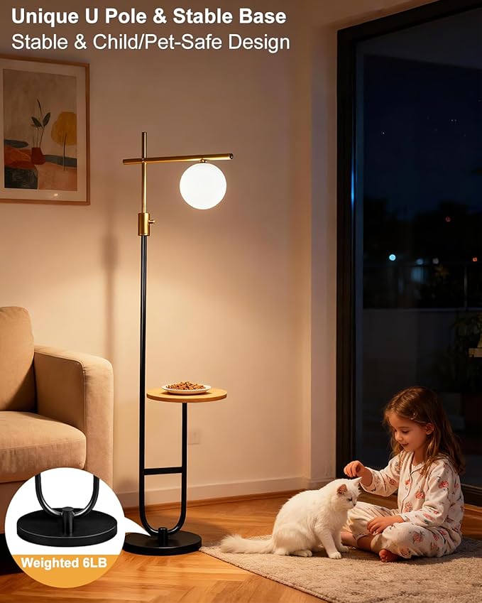 Lightdot 66IN Gold&Black Dimmable Floor Lamps with Table, Modern Standing Tall Lamp with Globe Shade, Cross-Shaped Head and U-Pole Base for Living Room/Bedroom/Sofa Beside/Corner Decor(Bulb Included)