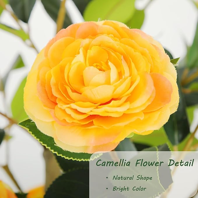 Bellacat 5ft Artificial Camellia Tree with Silk Orange Flowers, 60in Faux Camellia Plant with Lifelike Trunk, Fake Flower Tree Potted Front Door Plants for Porch Patio Deck Living Room Decor, 2Pack