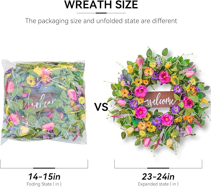 Spring Wreaths for Front Door Outside – 24 Inch Artificial Tulip & Wildflower Summer Wreath with Green Eucalyptus Leaves and Welcome Sign- Indoor Outdoor Farmhouse Home Porch Wall Decor