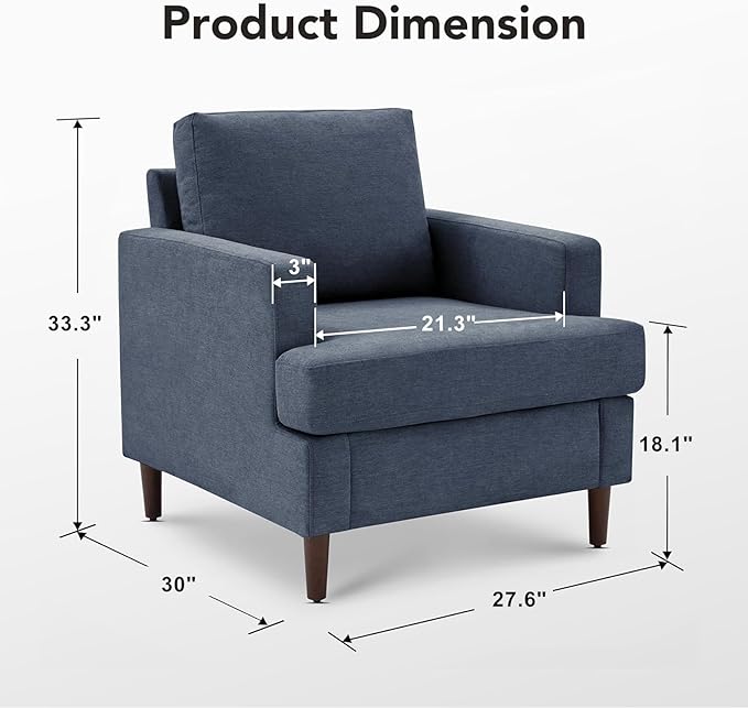 Mid-Century Accent Chair,Modern Linen Fabric Armchair for Living Room,Comfy Upholstered Reading Accent Chairs for Bedroom,Single Sofa Chair with Wood Legs (Blue Grey, 1 Pack)