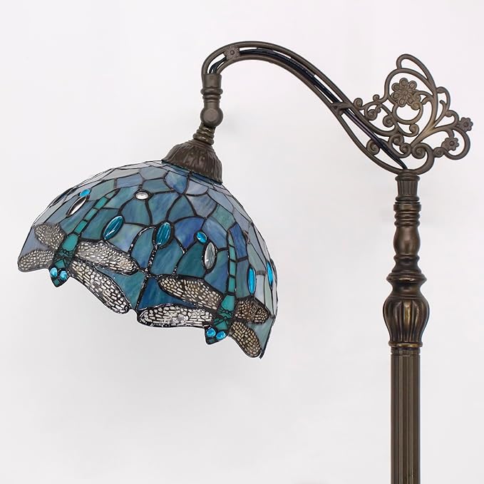 Tiffany Floor Lamp Sea Blue Stained Glass Dragonfly Style 12X12X67 Inch Angle Adjustable Arched Gooseneck Antique Reading Light