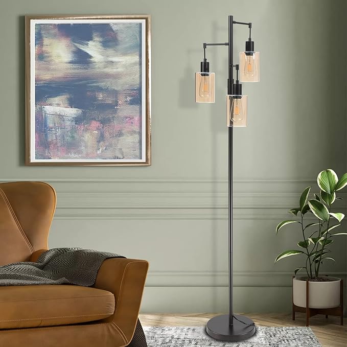 Farmhouse Floor Lamp, Dimmable Floor Lamp for Living Room, Rustic 3 Lights Oil Rubbed Bronze Tree Standing lamp, Vintage Tall Pole Lamp with Amber Glass Shade