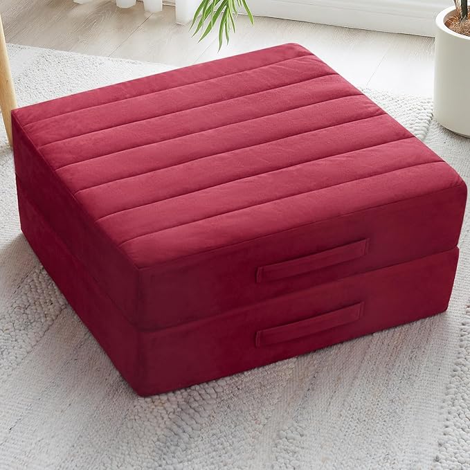 2 Pcs High Density Foam Floor Pillow - Upgraded Large Pillows Seating for Adults - Outdoor Floor Cushion with Soft Tufted Cover - Yoga Pillows for Sitting On Floor - 22 Inch Burgundy