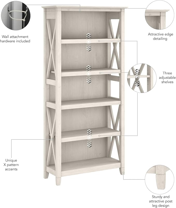 Bush Home Tall 5 Shelf Bookcase for Living Room or Home Office, Large Bookshelf, Modern Farmhouse Style, Key West Collection, Linen White Oak