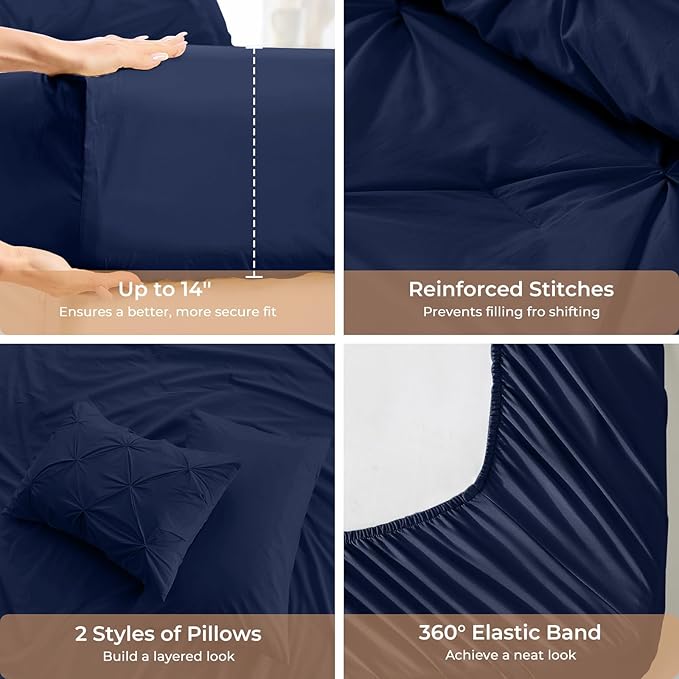Sasttie California King Comforter Set, 7-Piece Bed in a Bag, Pintuck Bedding Sets for All Season, Includes Comforter, Flat Sheet, Fitted Sheet, Pillowcases and Pillowshams, Navy Blue