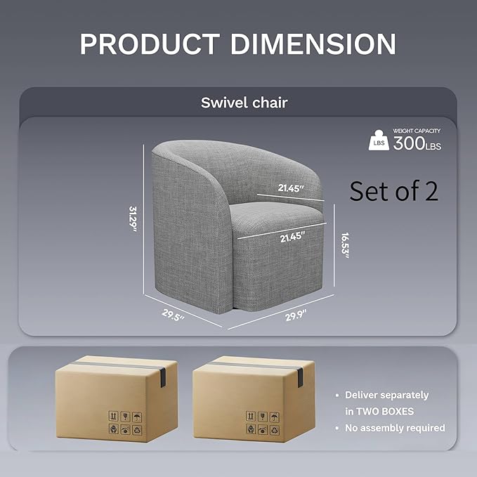 COLAMY Swivel Accent Chair Set of 2, Barrel Chair with Armrest, Comfy Round 360°Mondern Armchair, for Living Room/Bedroom/Waiting Room, No Assembly, Grey