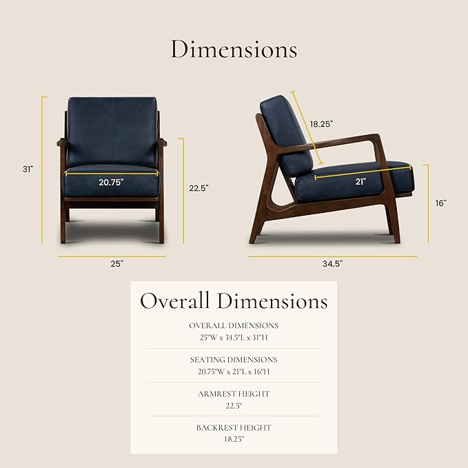 Poly & BARK Verity Leather Accent Chair – Armchair with Walnut Wood Frame – Fashion-Forward Lounge Seating for Living Room – Upholstered in Midnight Blue Leather for Modern Style