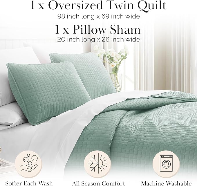 Southshore Fine Living, Inc. Twin Quilt Coverlet Bedding Set, Soft Brushed Microfiber Bedspread, Stain and Pet Hair Resistant Bedding, XL/Twin Blue Quilt Comforter Set with 1 Pillow Sham, Steel Blue