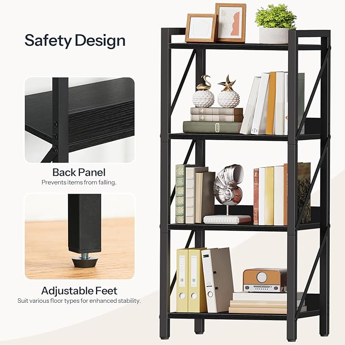 HOOBRO Bookshelf, 4-Tier Industrial Bookcase, Book Shelf Storage Organizer, Small Bookshelf with Metal Frame for Living Room, Bedroom, Home Office, Kitchen, Black BB40SJ01
