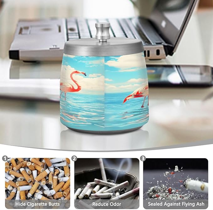 Flamingos Ocean Ashtray with Lid, Outdoor Ashtrays for Patio, Stainless Steel Ashtray Odorless Smokeless for Home Office Balcony