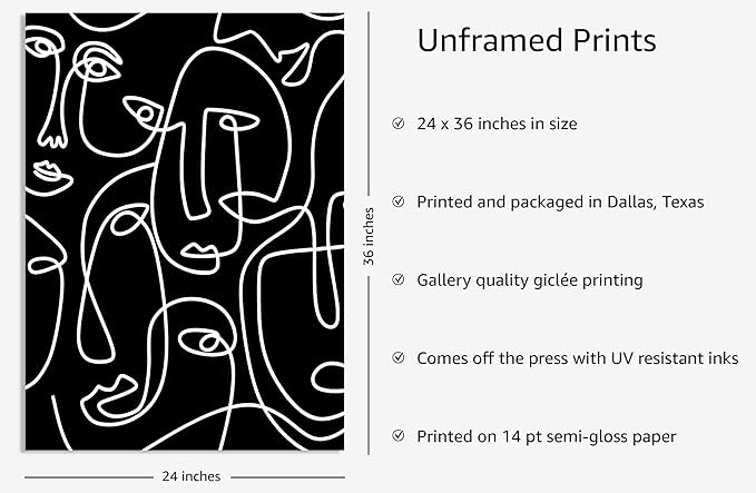 Y2K BOO Abstract Face Pattern UNFRAMED Wall Art Black Background White Continuous Line Drawing 24x36 Inch Heavyweight Paper Studio Home Decor Print