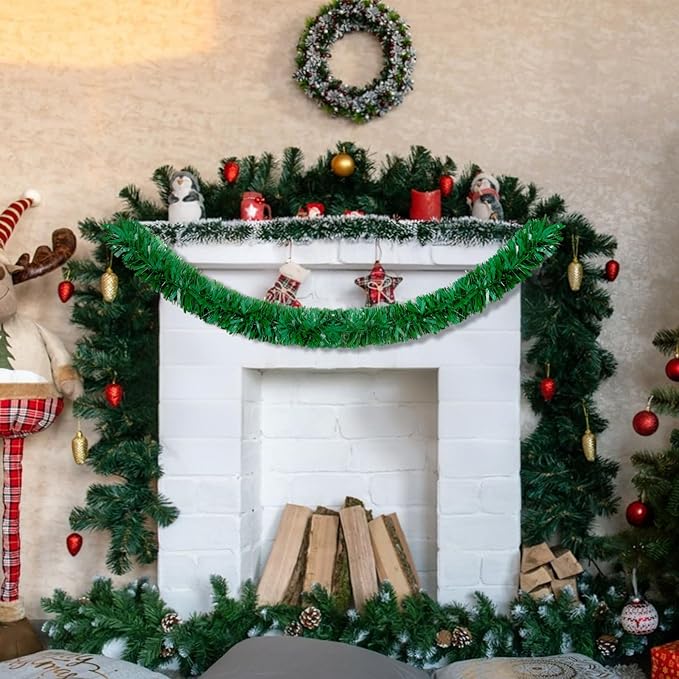 50Ft Green Christmas Garland Decorations,Xams Greenery Tinsel Stems Non-Lit Soft Twist Garland Decor for Tree Stairs Railing Front Door Mantle Fireplace Indoor Outdoor Holiday Home