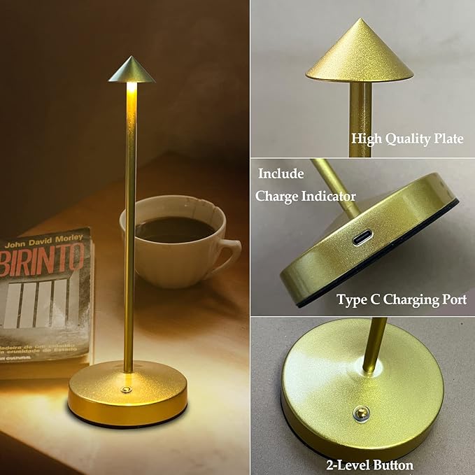 Rechargeable Cordless Lamps,3000mAh Battery Operated Table Lamp,Portable LED Touch 2 Levels Brightness Dimmable Bar Lamp,Battery Powered Lamps for Bars,Restaurant,Living Room(2 Pack,Gold)