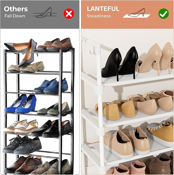 4 Tier Shoe Rack for Closet Shoe Organizer with 5 Hooks, Long Shoe Shelf Storage for Shoe and Boot Stackable Free Standing Shoe Rack for Entryway, Garage, Small Spaces, Dorm, White