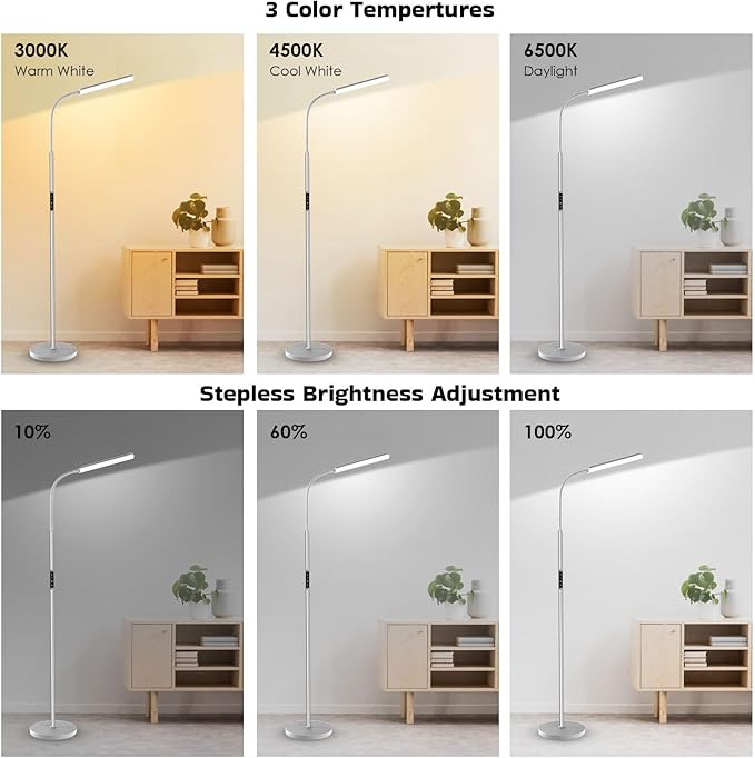 Dimunt LED Floor Lamp, Bright 15W Floor Lamps for Living Room with 1H Timer, Stepless Adjustable 3000K-6000K Colors & Brightness Standing Lamp with Remote & Touch Control Reading Floor Lamps-Silver