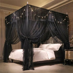 VETHIN 4 Corners Post Ruffle Princess Bed Canopy Curtain-Double Layer Cozy Drape Netting 4 Opening Mosquito Net for Girls Adults Bedroom Decoration (Double-Black,78" W*86" L*82"*H/King)