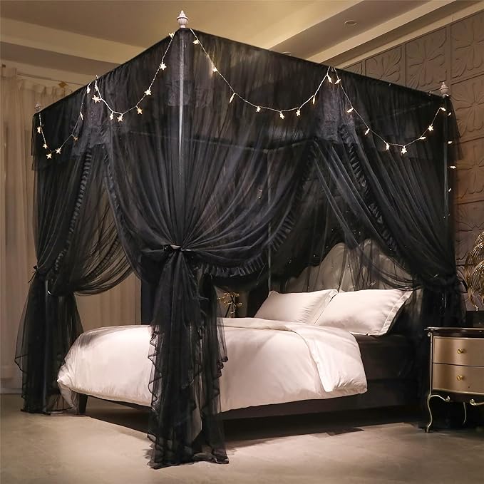VETHIN 4 Corners Post Ruffle Princess Bed Canopy Curtain-Double Layer Cozy Drape Netting 4 Opening Mosquito Net for Girls Adults Bedroom Decoration (Double-Black, 53" W*78" L*82"*H/(Full))