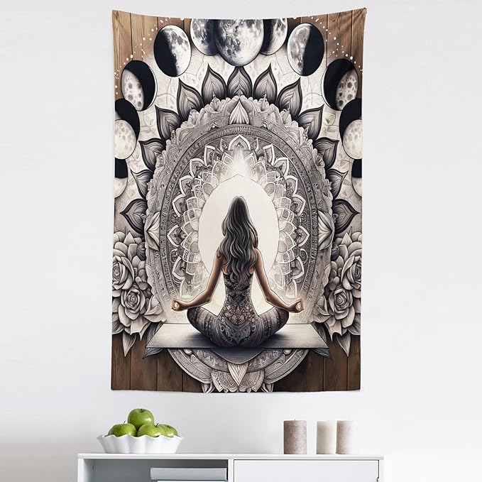 Ambesonne Mandala Tapestry, Meditating Lady with Ethnic Florals and Lunar Phases Frame Rustic, Fabric Wall Hanging Decor for Bedroom Living Room Dorm, 30" X 45", Cocoa Charcoal Grey White