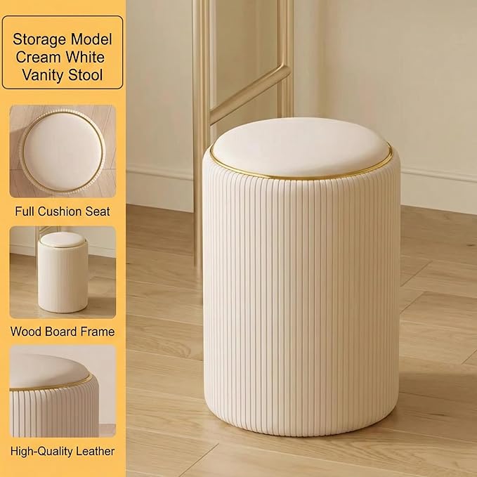 Vanity Stool with Storage, Faux Leather Makeup Ottoman with Cushioned Seat, Wood Frame & Silent Pads, Waterproof & Easy to Clean, 16.1" Height x 12.2" Length x 12.2" Width, Off-White