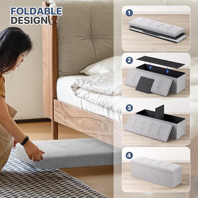 MoNiBloom 43 Inch Folding Storage Ottoman Bench, Linen Fabric Ottoman Footrest, Storage Chest, Padded Seat, End of Bed Bench for Living Room, Bedroom, Entryway, Light Gray